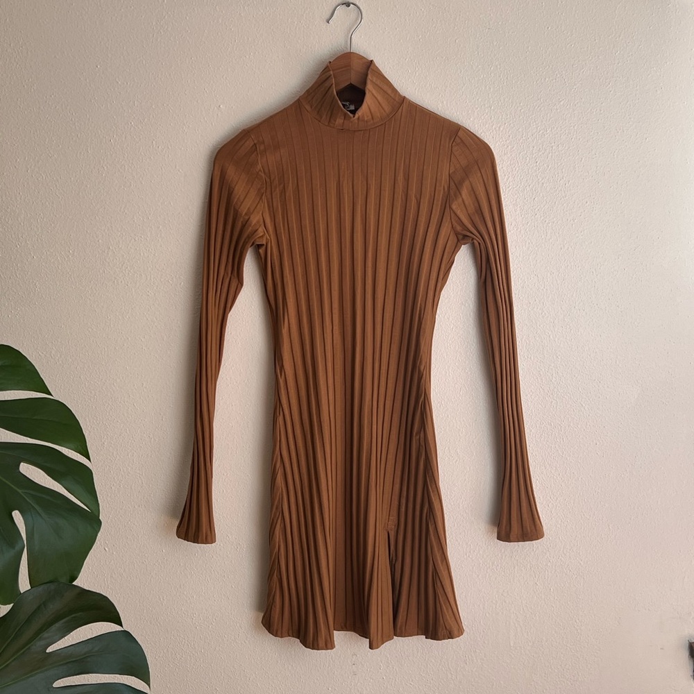 Reformation brown turtleneck long sleeve mini dress with slit